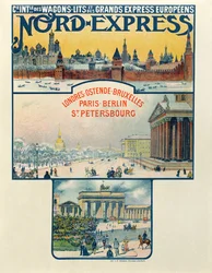 Poster die de Compagnie des Wagons-Lits et des Grands Express Europeens adverteert, Londen naar Sint-Petersburg, begin 20e eeuw