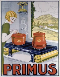 Reclameaffiche voor het Primus-kooktoestel, gedrukt door Dampenon & Elarue
