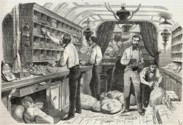 Post: interieur van het rijdende kantoor - Gravure in 