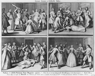 Oefening van hulp aan Gabrielle Moler, illustratie uit La vérité des miracles de M. de Paris... door Louis Basile Carré de Montgeron (1686-1754) 1747, Keulen
