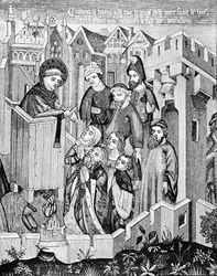 Prediking van de Eerste Missionaire Apostelen, illustratie uit Wetenschap en Literatuur in de Middeleeuwen en de Renaissance, geschreven en gegraveerd door Paul Lacroix, 1878