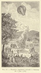 Eerste experiment uitgevoerd in Annonay (5 juni 1783) (gravure)