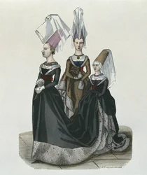 Prinses en hofdames in 1470, gegraveerd door Gautier