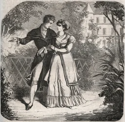 Prinses van Wales Carolina van Brunswick (1768-1821) wandelend met haar minnaar, Bartolomeo Bergami. Gravure uit 1871 in 