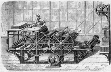 Druk van een krant: mechanische pers voor het drukken van afdrukken
