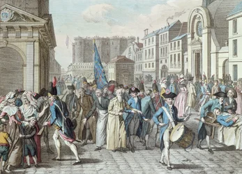 Gevangenen in de rue Saint-Antoine na vrijlating uit de Bastille op 14 juli 1789