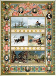 Vooruitgang tijdens het bewind van Koningin Victoria (1819-1901). Zeilschepen, stoomschepen, stoomtrein en gas- en elektrische straatverlichting, 1887