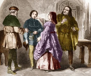 Prostitutiescène in Parijs aan het einde van de Middeleeuwen. Gravure in 