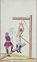 Straf met een knoet terwijl opgehangen aan een touw, uit Voyage en Russie, 1731