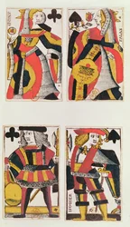 Koningin en Boer speelkaarten (gekleurde houtsnede)