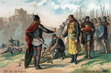 Rainfroy (Rainfroi), belegerd door Karel Martel in Angers, capituleert, circa 717. Chromolithografie rond 1890