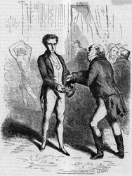 Rastignac duizelig laat de grijsharige man tien louis nemen. Gravure midden 19e eeuw. Illustratie voor 