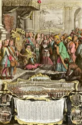 Ontvangst van Mehemet Effendi, Turkse ambassadeur van de grote Sultan Achmet door Lodewijk XV op 21 maart 1721 in de Tuileries. Gravure uit de 18e eeuw. Privécollectie