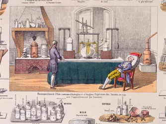 Recompositie van water uit waterstof en zuurstof: Antoine Laurent de Lavoisier (1743-94) experimenteert met de ademhaling van een rustende man, illustratie uit een educatieve plaat, ca. 1860