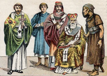 Religieuze kostuums in de Oudheid: van links naar rechts portret van een Byzantijnse diaken, een christelijke priester uit de eerste eeuw, een bisschop uit de 5e eeuw, een Byzantijnse patriarch en een kluizenaar