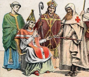 Religieuze kostuums in de middeleeuwen: van links naar rechts een priester uit de 10e eeuw, een paus uit de 11e eeuw, een bisschop met mijter en kromstaf uit de 12e eeuw en een lid van de Orde van de Hospitaalridders, de Orde van Sint-Jan van Jeruzalem