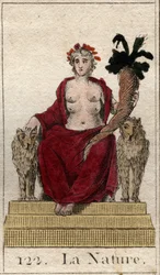 Voorstelling van de Natuur als een vrouw op een troon met een hoorn des overvloeds, met vele borsten om alle wezens te voeden. Uit 