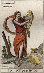 Voorstelling van Terpsichore, muze van de dans, ze speelt lier. Uit 