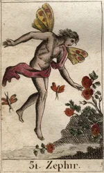 Voorstelling van Zephyr, personificatie van de westenwind. (Zephyrus of Zephyr, personificatie van de westenwind). Uit «Mythologie van de jeugd» van Pierre Blanchard, 1803