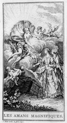 Weergave van een scène uit het stuk "Les amants magnifiques" (1670) door Jean Baptiste Poquelin, bekend als Molière (1622-1673). Gravure uit 1740.