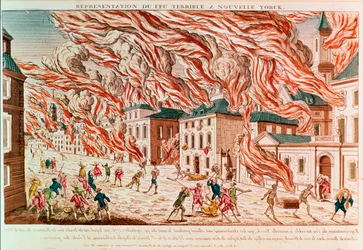 Voorstelling van de verschrikkelijke brand van New York in 1776 (ingekleurde gravure)