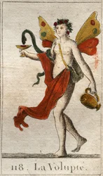 Afbeelding van de Volupté, naakte vrouw gekroond met rozen, ze houdt een beker of een slang trekt een heerlijke likeur. Uit 