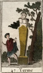 Afbeelding van de god Terme, in de vorm van een grenssteen, om bezittingen en land te markeren. Uit 