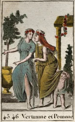Afbeelding van de god van de herfst Vertumnus en Pomona, nimf van fruit en tuinieren. Vertumnus neemt de gedaante aan van een oude vrouw om Pomona te verleiden. Uit 