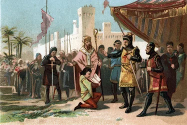 Voorstelling van de brieven van adeldom ingesteld door Koning Filips III de Stoute (1270-1285). Chromolithografie rond 1890