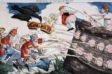 Revolutionaire gidsen door Marianne die Europese vorsten bombarderen met hun vuil. Cartoon gepubliceerd tijdens de Franse Revolutie. Ets. 1792. Musée Carnavalet.