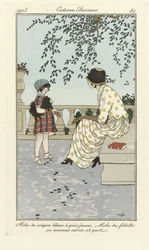 Witte Crépon jurk met gele stippen - Meisjesjurk in kersen en groene ruit, uit Costumes Parisien, pub.1913 (sjabloondruk)