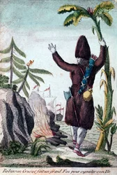 Robinson Crusoe maakt een vuur om aandacht te trekken naar zijn eiland, Imagerie Basset (kleurgravure)