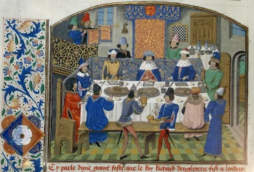 Roy 14 E IV fol.265v, De hertogen van York, Gloucester en Ierland dineren met Richard II, deel III ‘Van de kroning van Richard II tot 1387’, door Jean de Bâtard Wavrin