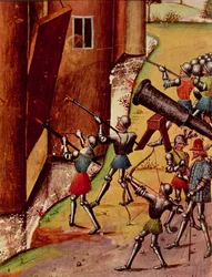 Soldaten gewapend met handkanonnen belegeren een kasteel, uit Quinte Curse Ruffe des Fais du Grant Alexandre, c.1468