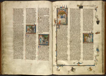 Lancelot verwijdert het hoofd van zijn onthoofde grootvader, de koning, uit een kokende put; een gebouw stort in op twee ridders. Rechts, miniatuur van Arthur en Guinevere zittend aan een banket, uit 