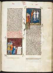 Royal MS 16 G. VI, f.306r, Moord op Karel, graaf van Vlaanderen, door ophanging (Lodewijk VI, boek 20), uit Les Grandes Chroniques de France