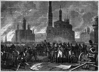Russische Campagne 1812 - Generaal Jean Ambroise Baston de Lariboisiere dringt er bij Napoleon op aan het Kremlin te verlaten vanwege explosiegevaar - Brand van Moskou in 1812 - Generaal Lariboisiere dwingt Napoleon het Kremlin te verlaten, dreigend met ee