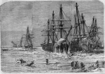 Russische schepen vast in het ijs, bij de monding van de Dnjepr in de Zwarte Zee