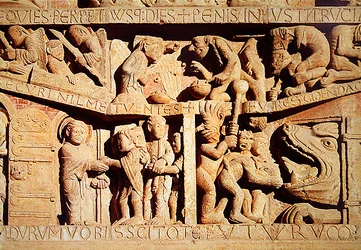 Sint-Pieter ontvangt de gezegenden in de hemel en de verdoemden vallen in de kaken van de hel, detail van het Laatste Oordeel op het Westportaal Tympanum, c.1135