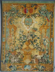 Savonnerie Paneel: Lente met Wapen, vervaardigd door Savonnerie Fabriek, Frankrijk, voor 1717