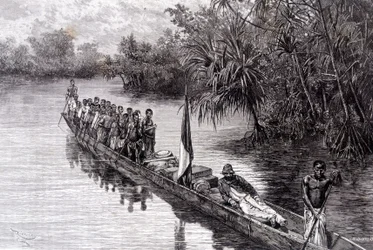 Savorgnan de Brazza in een kano in de pandanus van West-Afrika - in 