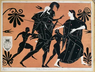 Scène van een antieke Griekse vaas met de vlucht van Aeneas uit Troje met zijn zonen, terwijl hij zijn vader Anchises op zijn rug draagt