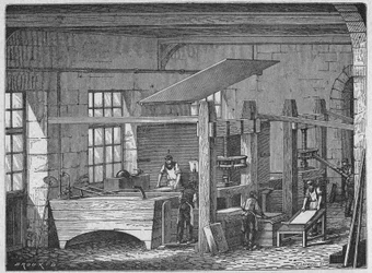 Wetenschap. Papier maken. Handgemaakt papier. Gravure in: Grands hommes et grands faits de l