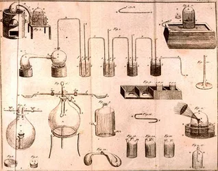 Wetenschappelijke Apparatuur, uit The Elements of Chemistry door Antoine Laurent de Lavoisier (1743-94) gegraveerd door D.Lizars, 1796