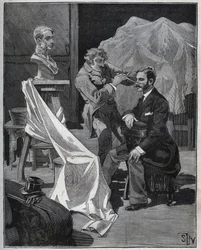 Beeldhouwkunst, werkplaats van een beeldhouwer, focus en beeldhouwen van een buste. Gravure uit 1880 in Les arts et métiers illustrés door Adolphe Bitard.
