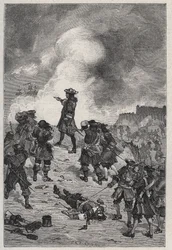 Sébastien Le Prestre, heer van Vauban, maarschalk van Frankrijk, verdedigt Brest tegen een aanval van de Engelse vloot in 1695 - gravure in 