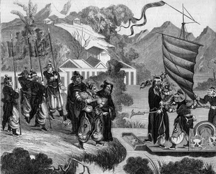 Tweede opiumoorlog tussen Frankrijk en Engeland en China (1858-1860): Chinese karikatuur van het conflict. Een boot is klaar om de kust te naderen onder de spottende blik van een groep Chinezen. Aan boord van de boot, twee personages die Frankrijk (links) 