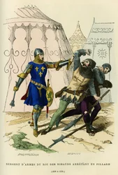 Sergeant-at-arms van de koning van de ribauds (leider van de onregelmatige militie opgericht rond 1189 door Philippe Auguste (of Philippe II van Frankrijk 1165-1223), met bepaalde politiefuncties) arresteert een plunderaar (1290 tot 1330). Kleuren gravure,