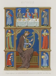 Serie van 13e-eeuwse afbeeldingen van een mystiek avondmaal, muzikanten en een koning die een lier bespeelt