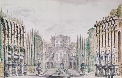 Decorontwerp van een paleis voor een theater, ca. 1660-80 (pen & inkt en wc op papier)